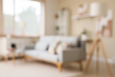 Oturma odası, kanepe, lamba ve resimlerle bulanık görünüyor.