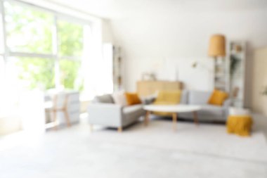 Gri kanepeler, masa ve raf üniteleriyle aydınlık oturma odasının bulanık görüntüsü