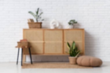 Çekmeceler, ev bitkisi ve puf beyaz tuğla duvarın yanında.