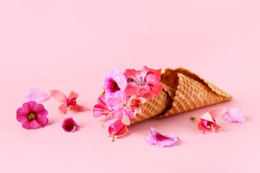 Pembe arka planda farklı güzel, yenilebilir çiçekleri olan gözleme konileri.