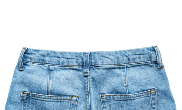 Stylish blue jeans on white background, closeup