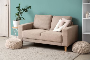 Oturma odasının içinde kanepe, puf ve bitki var.