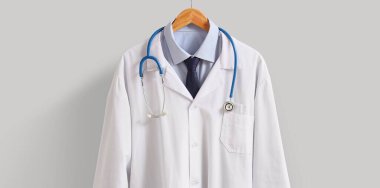 Gri arkaplanda steteskop asılı doktor üniforması.