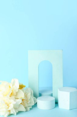 Mavi arka planda çiçekli dekoratif sıva podyumları