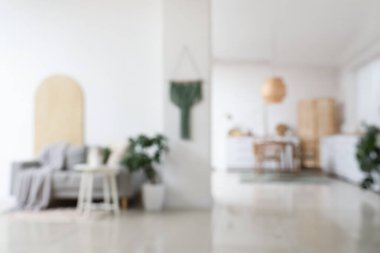 Oturma odası ve mutfağı bulanık manzaralı şık bir stüdyo daire.