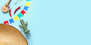 Mavi arkaplanda farklı Meksika sembolleri ve metin için boşluk