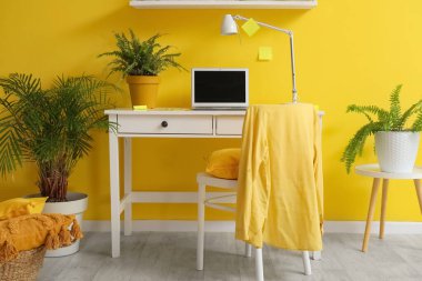 Çalışma odası, modern dizüstü bilgisayar ve sarı duvarlı sandalye.