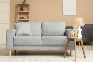 Gri kanepe ve takvimle oturma odasının içinde.