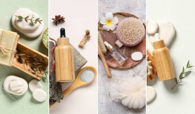 Işık arka planında kaplıca malzemeleri ve kozmetik ürünleri kolajı, üst görünüm