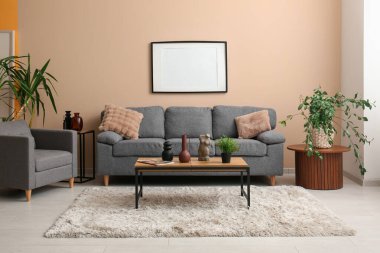 Yumuşak yastıklı rahat gri kanepe ve oturma odasındaki bej duvarda asılı boş fotoğraf çerçevesi.