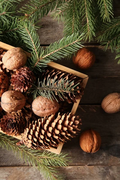 Tahta arka planda çam kozalakları, cevizler ve köknar dallarıyla dolu bir kutu.