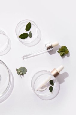 Hafif arka planda doğal kozmetik ürünleri örnekleri içeren petri kapları