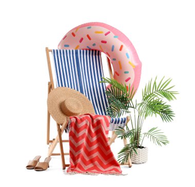 Çizgili güverte sandalyesi, ev bitkisi ve plaj aksesuarları beyaz arka planda izole edilmiş.