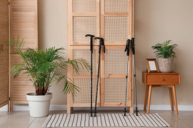 Ahşap gardıroplu, ev bitkilerli ve İskandinav sırıklı şık bir oda.