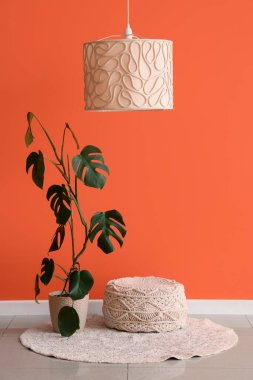 Pouf ve tesis turuncu duvarın yanında, odanın içinde, yakın plan.