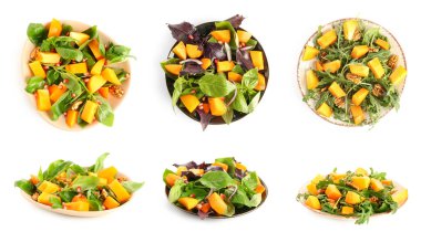 Beyaz arkaplanda lezzetli hurma salatası seti 