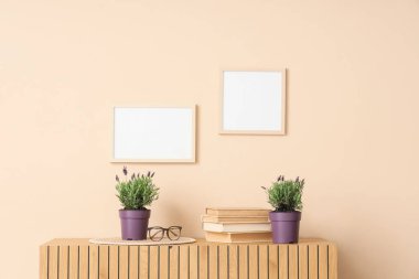 Lavanta çiçekleri, kitaplar ve bej duvardaki boş çerçevelerle klozet