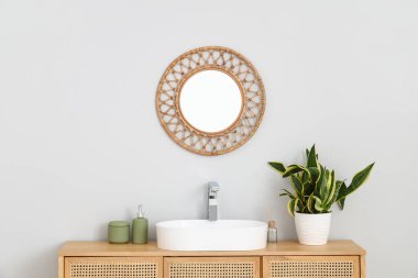 Lavabosu, aynası ve Sansevieria bitkisi olan banyonun içi.