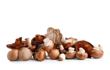 Beyaz arka planda bir yığın taze mantar.