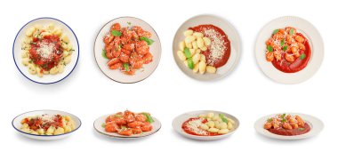 Beyaz arkaplanda lezzetli gnocchi seti