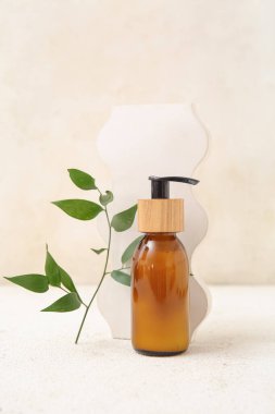 Hafif arka planda bir şişe kozmetik ürünü, alçı dekor ve bitki dalı