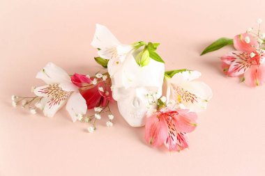 Pembe arka planda güzel zambak çiçekleri olan insan kafatası