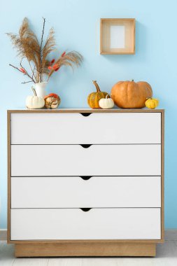 Mavi duvarın yanında içinde balkabağı ve otlar olan çekmeceler.