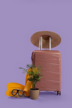 Plaj aksesuarları ve eflatun kaplamalı el çantası.