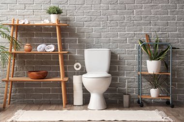 Gri tuğla duvarın yanında klozet, bitki ve raf ünitesi olan tuvaletin içinde.