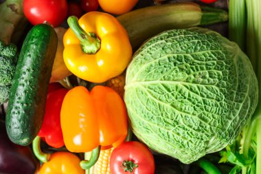 Farklı taze sebzelerin dokusu, yakın plan.