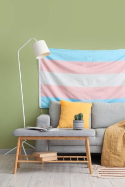 Travesti bayrağı, kanepesi ve yumuşak bankı olan oturma odasının içinde.