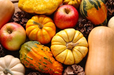 Taze balkabakları, elmalar ve tahta arka planda çam kozalakları.