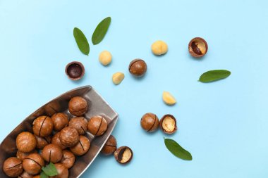 Lezzetli fındıklı metal kepçe ve mavi arka planda yapraklar.