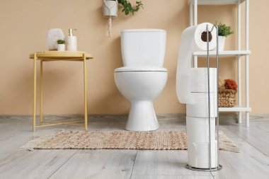 Tuvalette tuvalet kağıdı rulosu olan tutucu.