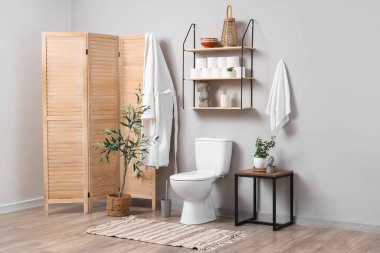 Tuvaletin içinde klozet, katlanan ekran ve raf var.