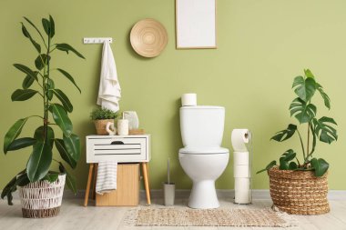 Tuvaletin içinde klozet, komodin ve bitkiler var.