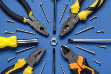 Mavi arka planda pense, tornavida ve vidalar