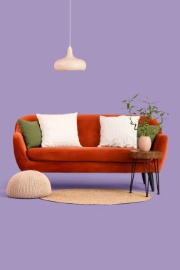 Vazoda bambu saplı masa, kırmızı kanepe, eflatun arkaplanda puf ve lamba.