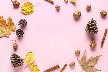 Çam kozalaklarından yapılmış çerçeve, tarçın çubukları, düşmüş yapraklar ve pembe arka planda fındıklar