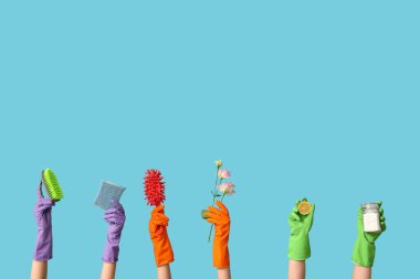 Süngerli lastik eldivenli kadın elleri, mavi arka planda deterjan tozu ve çiçek kavanozu