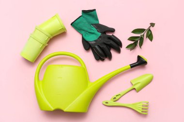 Bahçıvanlık malzemeleri ve pembe arka planda sulama kutusu. Üst görünüm