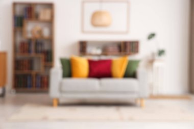 Oturma odasının bulanık manzarası, kanepe ve beyaz duvarın yanındaki kitap rafları.