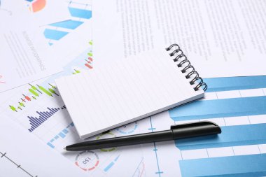 Kalemli defter, arka plan olarak birçok iş belgesi ve grafikleri, yakın plan