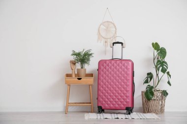 Pembe bavul ve içinde palmiye ağaçları olan masa.