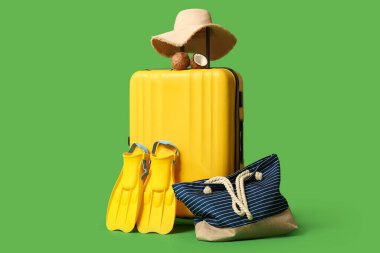 Hasır şapkalı bavul, hindistan cevizi, palet ve yeşil arka planda plaj çantası.