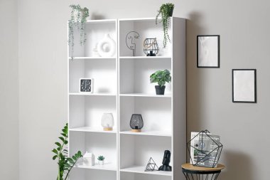 İçinde raf ünitesi, masa ve bitkiler olan ışık odasının içi.