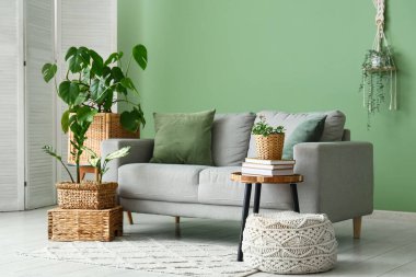 Oturma odasında kanepe, hasır sepetler ve yeşil bitkiler var.