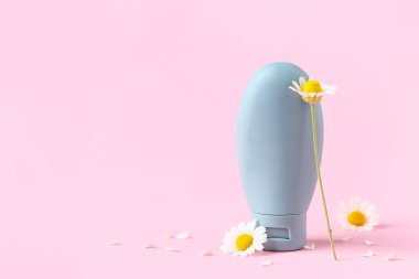 Pembe arka planda doğal krema ve papatya çiçekli kompozisyon