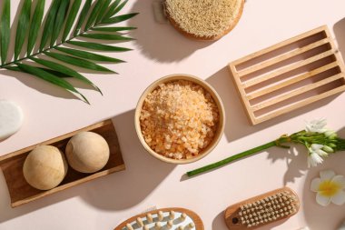 Renkli arkaplanda spa aksesuarları, deniz tuzu ve bitkilerle kompozisyon