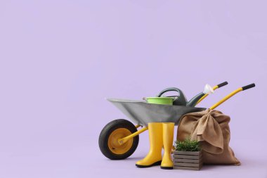 Leylak arka planında bitki ve bahçe malzemeleri olan el arabası.